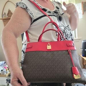 Michael Kors 3 Piece EUC Gramercy Crossbody/Satchel Red & Brown 14.5"W x 10H x 6